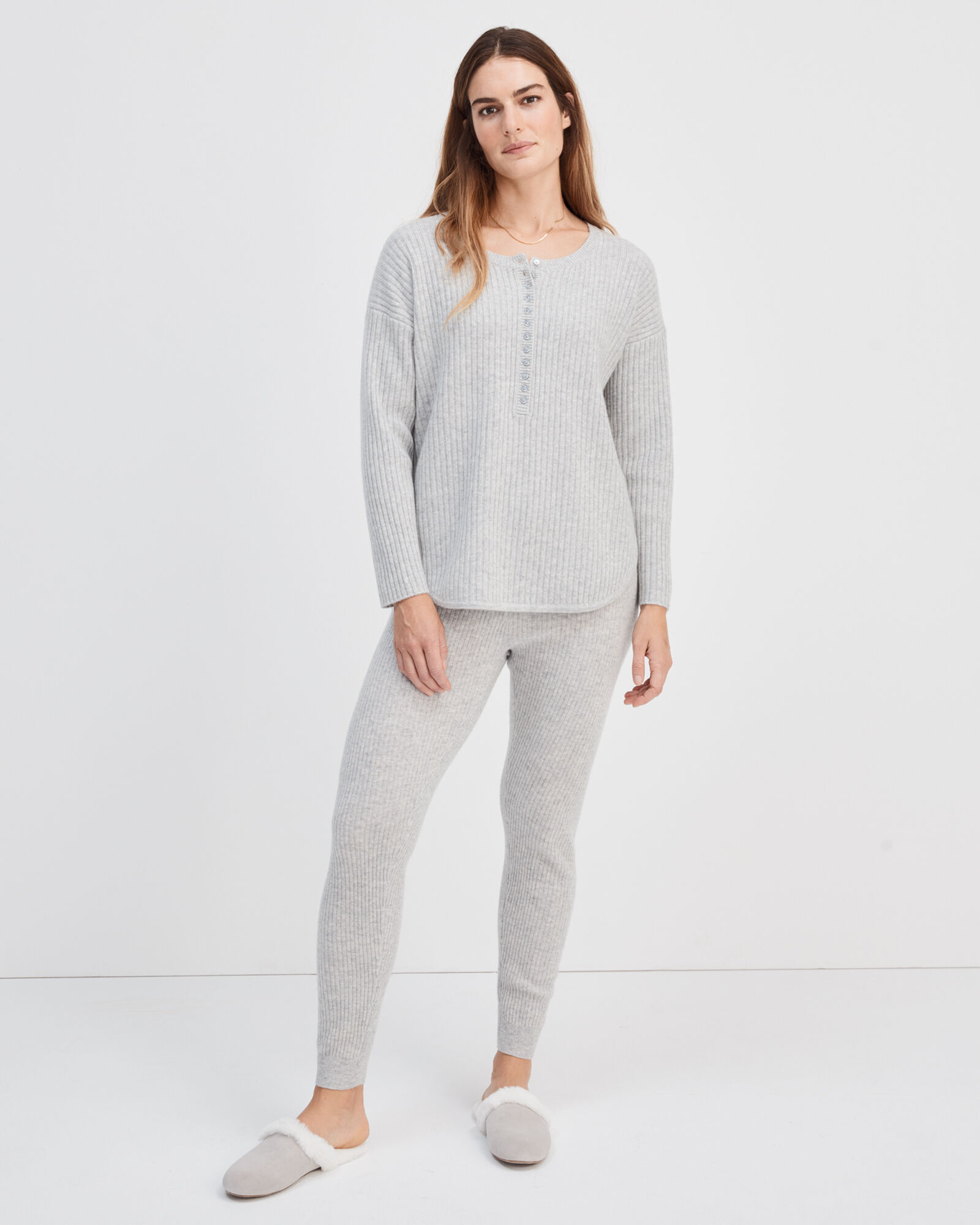 100% RIBBED CASHMERE KNIT LEGGINGS - Gray marl