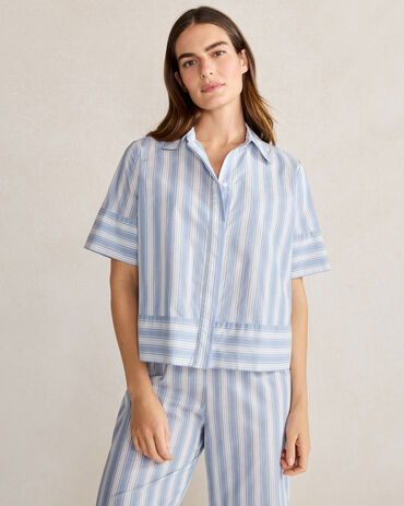 Long-sleeve cropped pajama pant set in striped cotton poplin